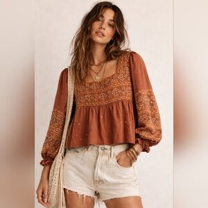 Savannah Jane Rust Embroidered Puff Sleeve Top, S, Desert, Southwest, Festival